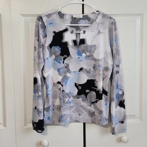 Calvin Klein Womens Long Sleeve Watercolor‎ Floral Print Top Blouse SM Grommet